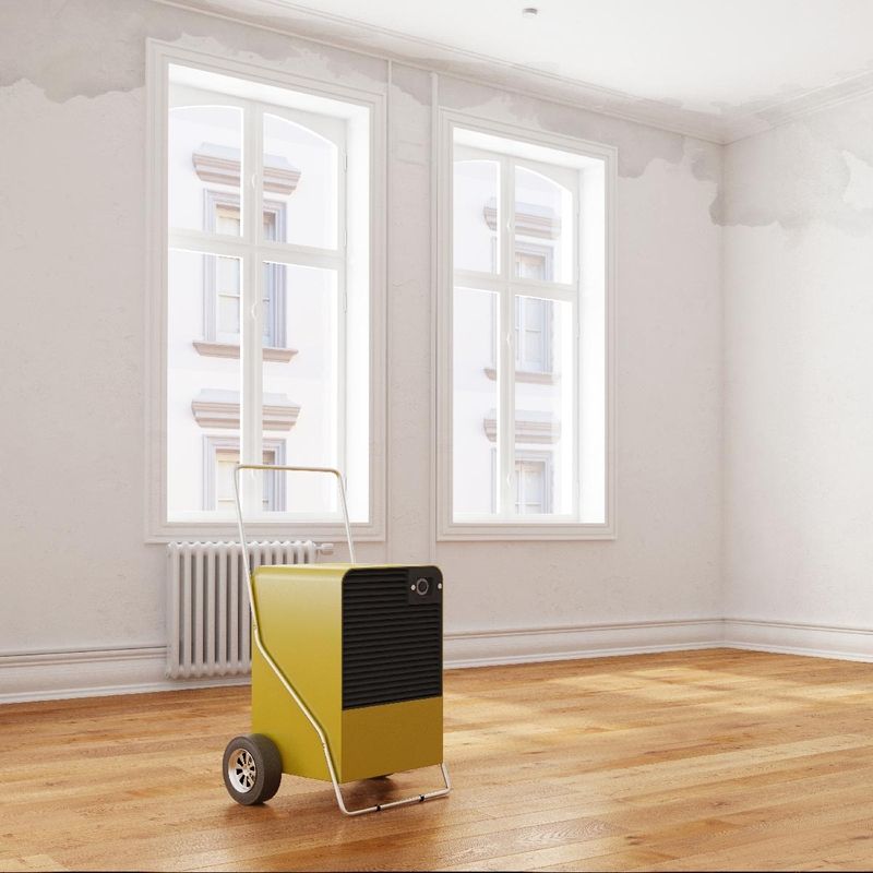 Bautrocknungsgerät in einer hellen Wohnung mit Wasserschaden